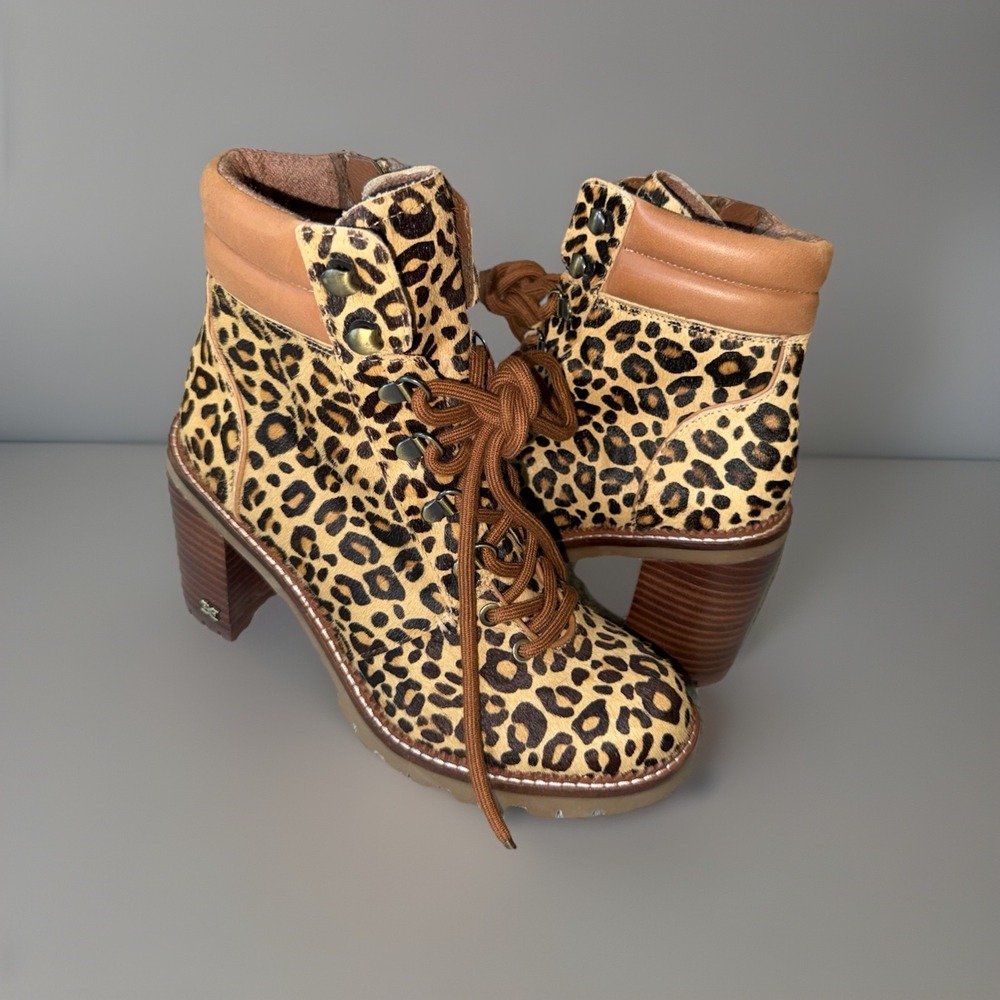 Sam Edelman Black Sade Heel Boots Real Fur‎ Leopard Print Women's Size 7M